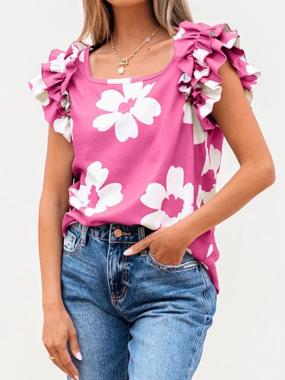Women's Pink Floral Ruffle Sleeve Blouse